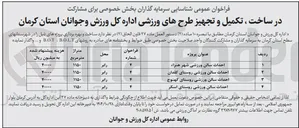 تصویر کوچک آگهی شناسایی سرمایه گذاران برای مشارکت در ساخت ، تکمیل و تجهیز احداث سالن ورزشی 