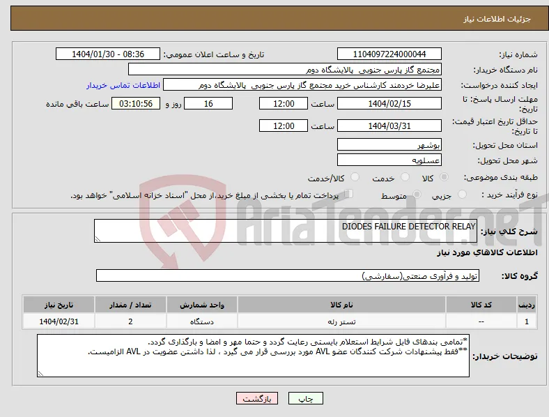 نیاز انتخاب تامین کننده-DIODES FAILURE DETECTOR RELAY