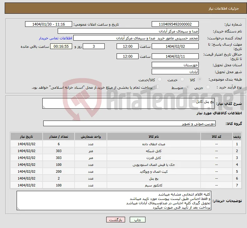 نیاز انتخاب تامین کننده-پچ پنل کابل