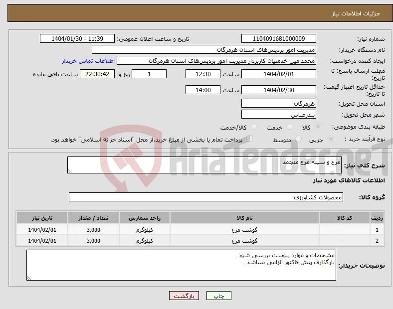 نیاز انتخاب تامین کننده-مرغ و سینه مرغ منجمد