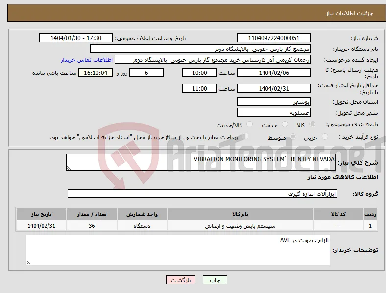 نیاز انتخاب تامین کننده-VIBRATION MONITORING SYSTEM``BENTLY NEVADA 