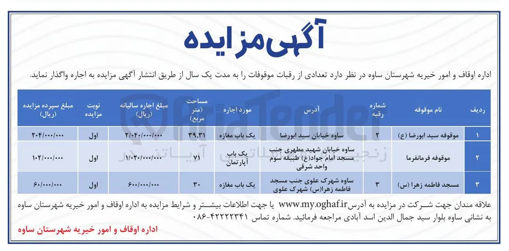 اجاره تعدادی از رقبات موقوفات در 3 ردیف با کاربری تجاری و مسکونی