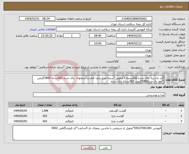 نیاز انتخاب تامین کننده-گرد ران بره پاک شده 362بسته 3کیلویی*سینه مرغ بدون کتف و استخوان پاک شده 362بسته 1800گرمی *مغز ران مرغ1800گرمی 362بسته پاک شده