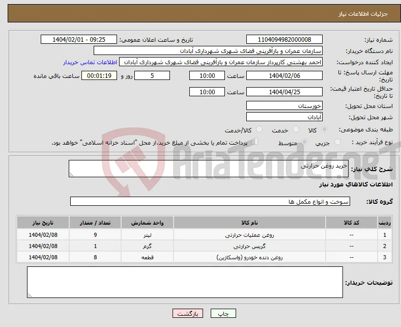 نیاز انتخاب تامین کننده-خرید روغن حرارتی