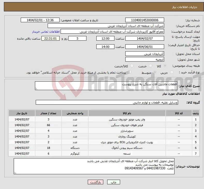 نیاز انتخاب تامین کننده-قطعات ماشین آلات سنگن به شرح پیوست