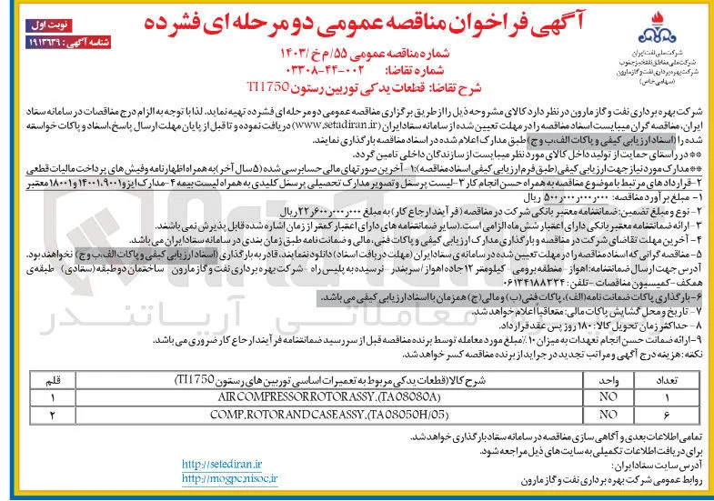 قطعات یدکی مربوط به تعمیرات اساسی توربینهای رستون