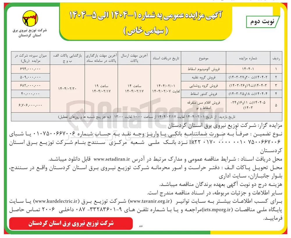 فروش اقلام مس متفرقه اسقاط و تو 
