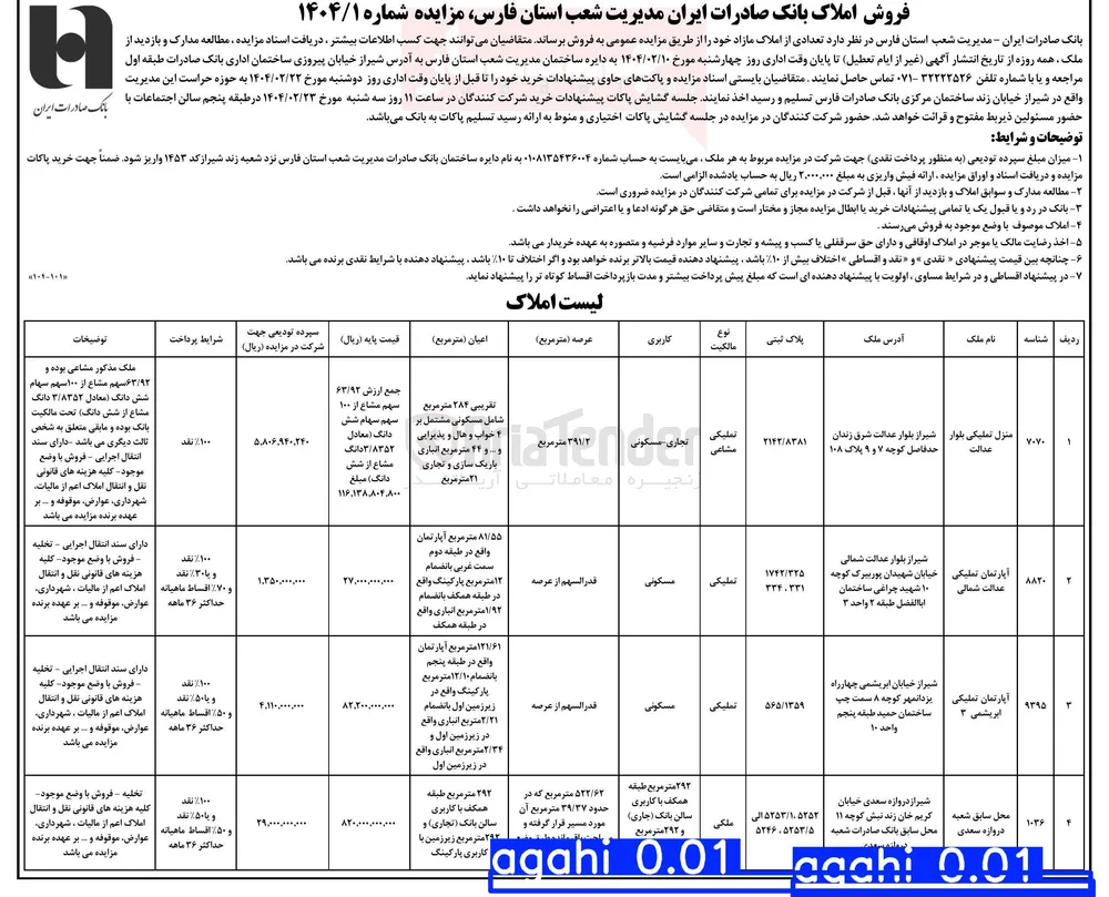 فروش تعدادی از املاک در 4 ردیف با کاربری تجاری، مسکونی