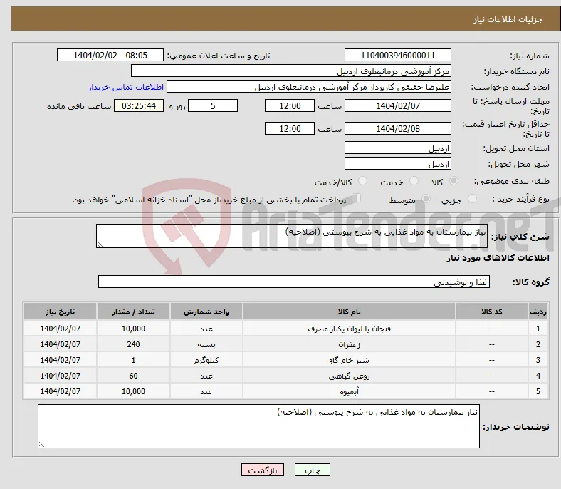 نیاز انتخاب تامین کننده-نیاز بیمارستان به مواد غذایی به شرح پیوستی (اصلاحیه)