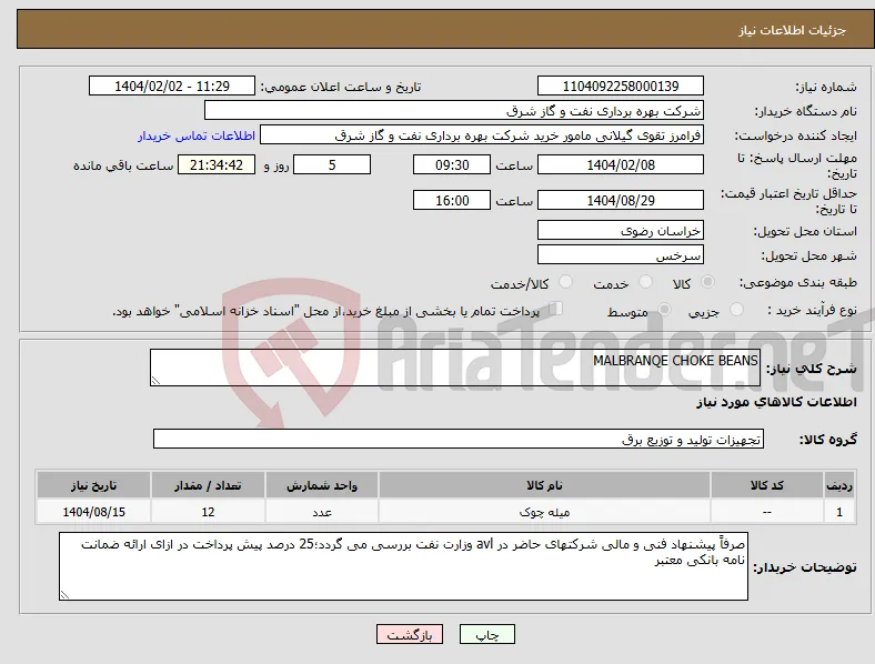 نیاز انتخاب تامین کننده-MALBRANQE CHOKE BEANS