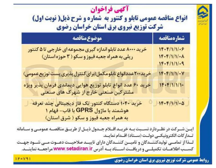 خرید ۶۰ عدد انواع تابلو توزیع هوایی دیماندی فرمان پذیر ویژه مشترکین صنعتی خارج از شهرک های صنعتی 