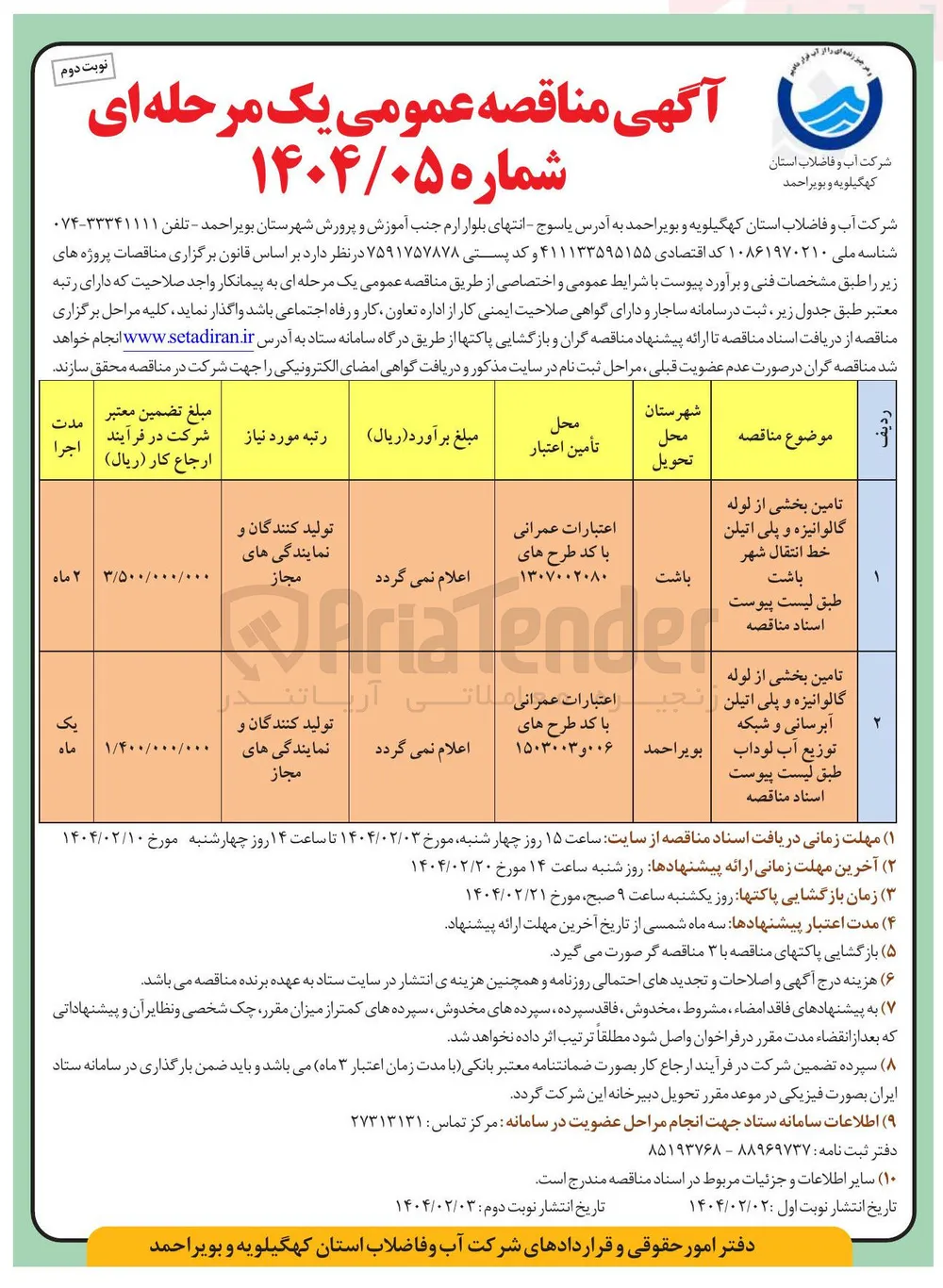 تامین بخشی از لوله گالوانیزه و پلی اتیلن آبرسانی و شبکه توزیع آب لوداب
