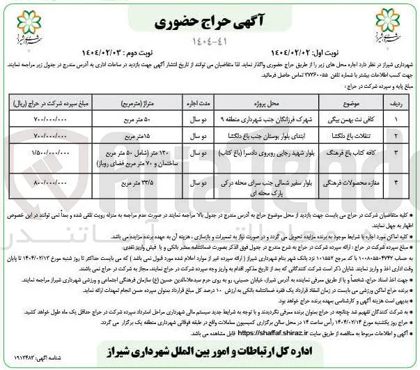 اجاره محل ها در 4 ردیف با موضوع کافی نت، تنقلات، کافه کتاب، مغازه محصولات فرهنگی