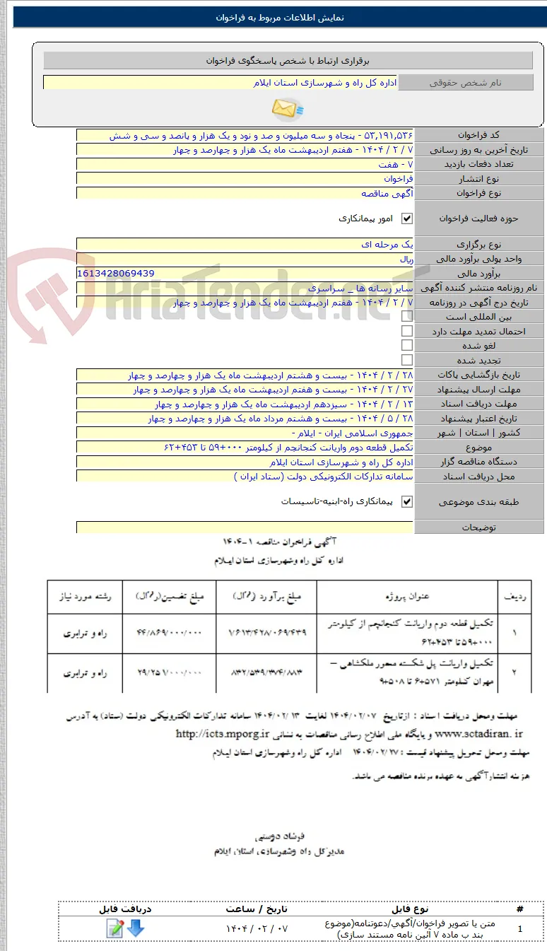 تکمیل قطعه دوم واریانت کنجانچم از کیلومتر ۰۰۰+۵۹ تا ۴۵۳+۶۲