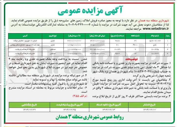 فروش املاک و زمین ها در 4 ردیف با کاربری تجاری و مسکونی