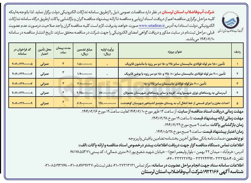 تأمین ۲۰۰۰ متر لوله فولادی مانیسمان سایز ۱۰۰ ۱۲۵ و ۱۵۰ دو سر رزوه با بوشن فابریک