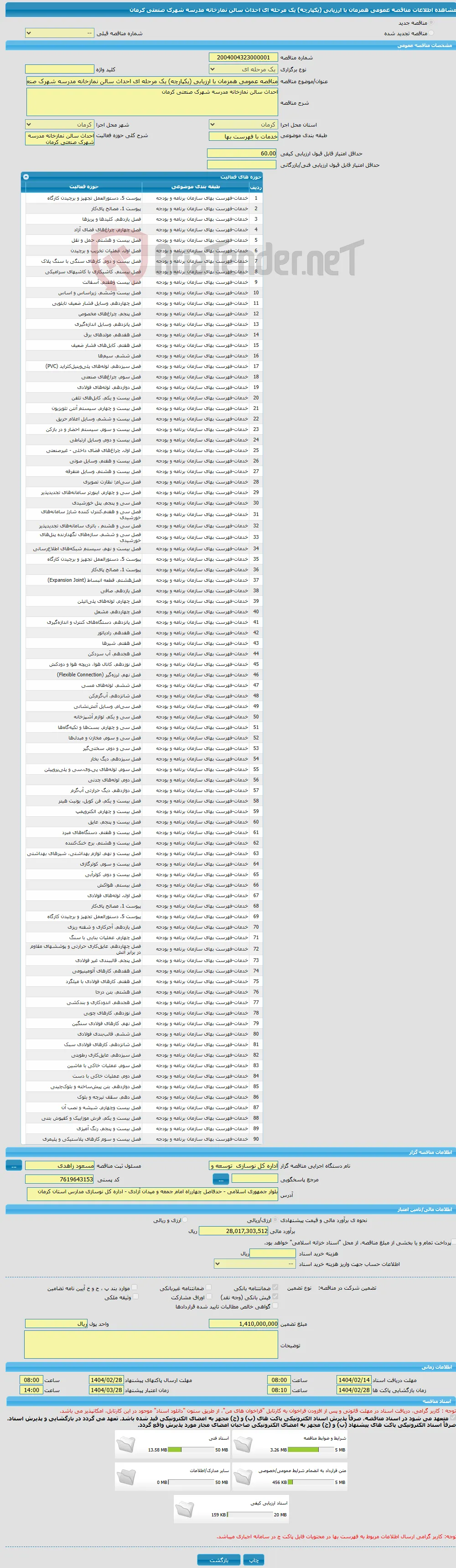 مناقصه عمومی همزمان با ارزیابی (یکپارچه) یک مرحله ای احداث سالن نمازخانه مدرسه شهرک صنعتی کرمان