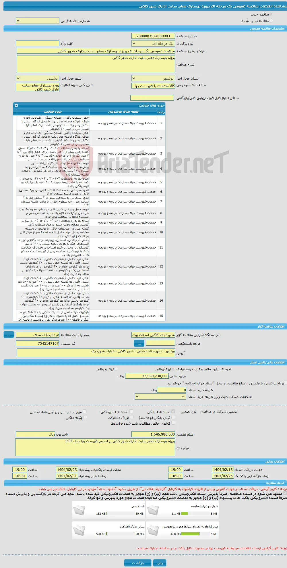 مناقصه عمومی یک مرحله ای پروژه بهسازی معابر سایت اداری شهر کاکی