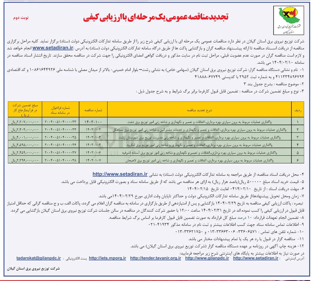 واگذاری عملیات مربوط به برون سپاری بهره برداری اتفاقات و تعمیر و نگهداری و خدمات مشترکین و شاخه زنی امور توزیع برق  
