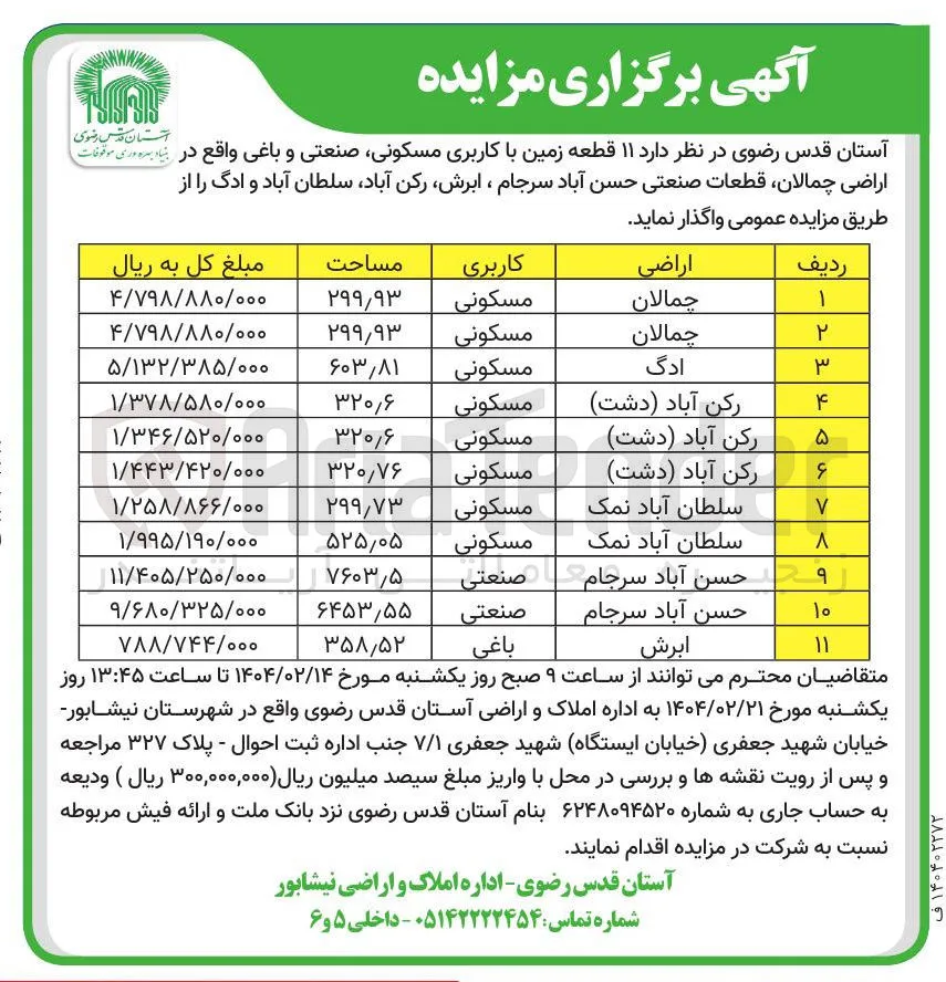 فروش ۱۱ قطعه زمین با کاربری مسکونی صنعتی و باغی 