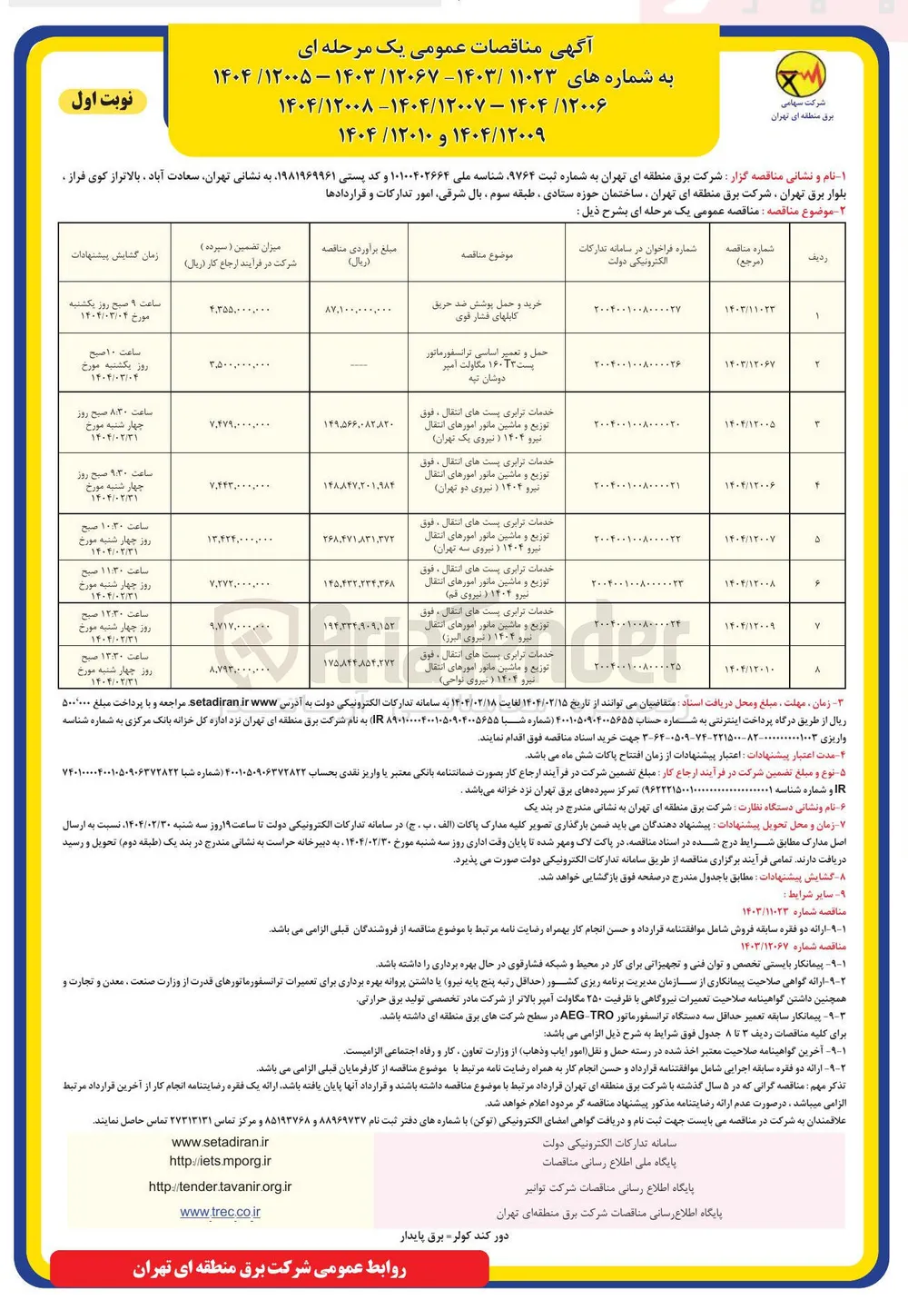 خدمات ترابری پست های انتقال ، فوق توزیع و ماشین مانور امورهای انتقال نیرو ۱۴۰۲ 