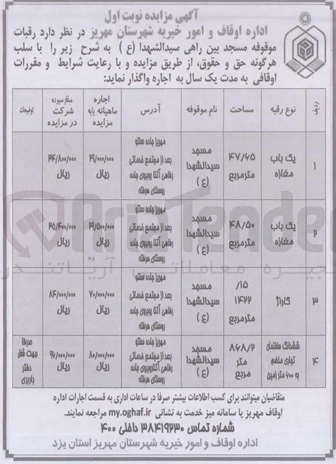 اجاره رقبات در 4 ردیف 2 باب مغازه و یک گاراژ و ششدانگ ساختمان تجاری
