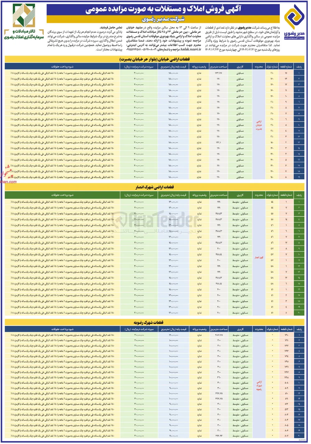 فروش تعدادی از قطعات و آپارتمان در 59 ردیف با کاربری مسکونی