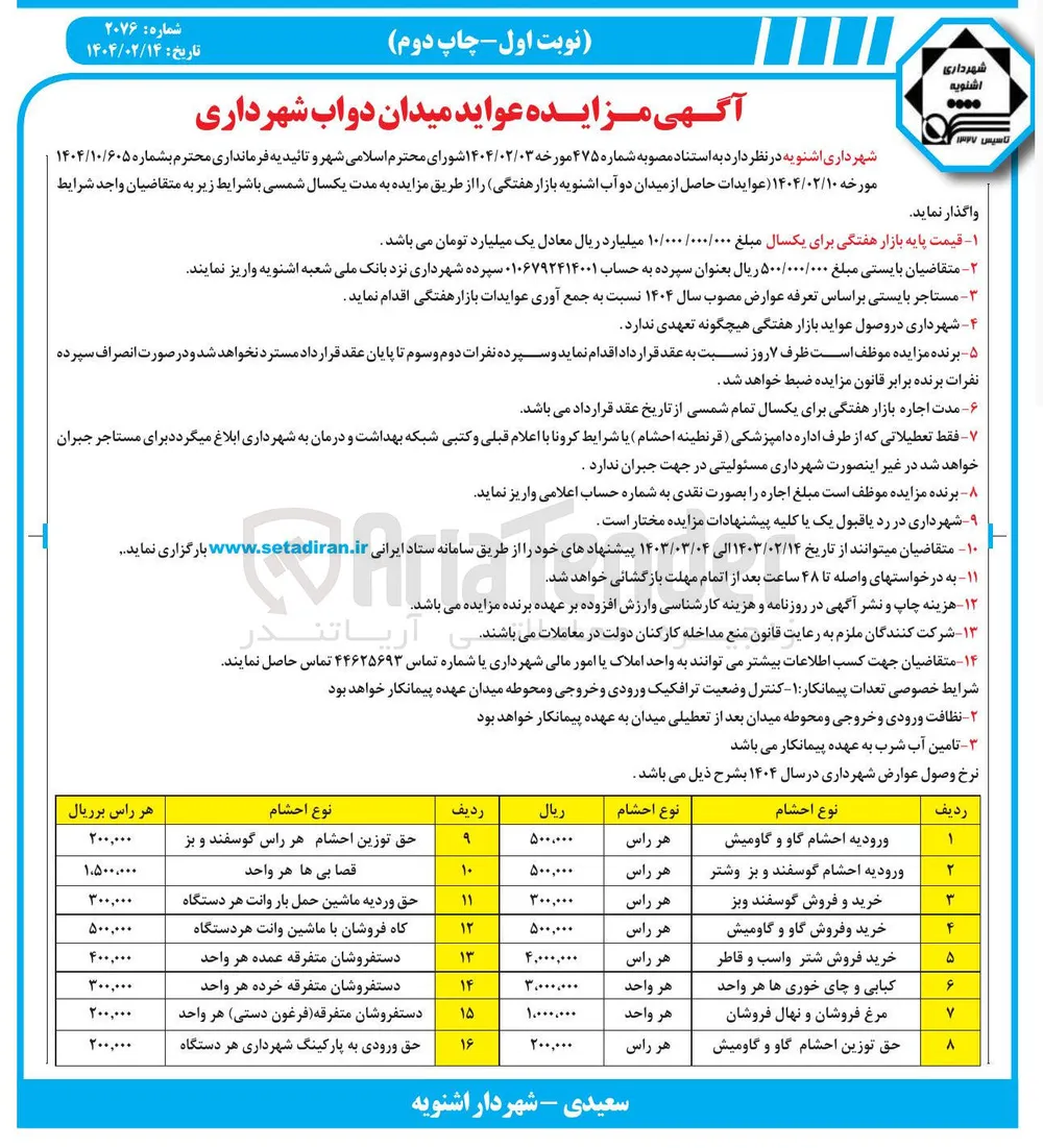واگذاری عوایدات حاصل از میدان دو آب بازار هفتگی