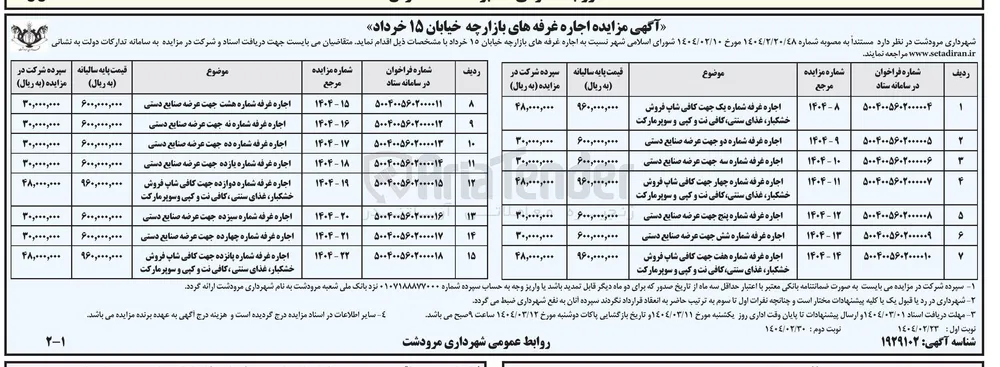 اجاره غرفه شماره چهارده جهت عرضه صنایع دستی 