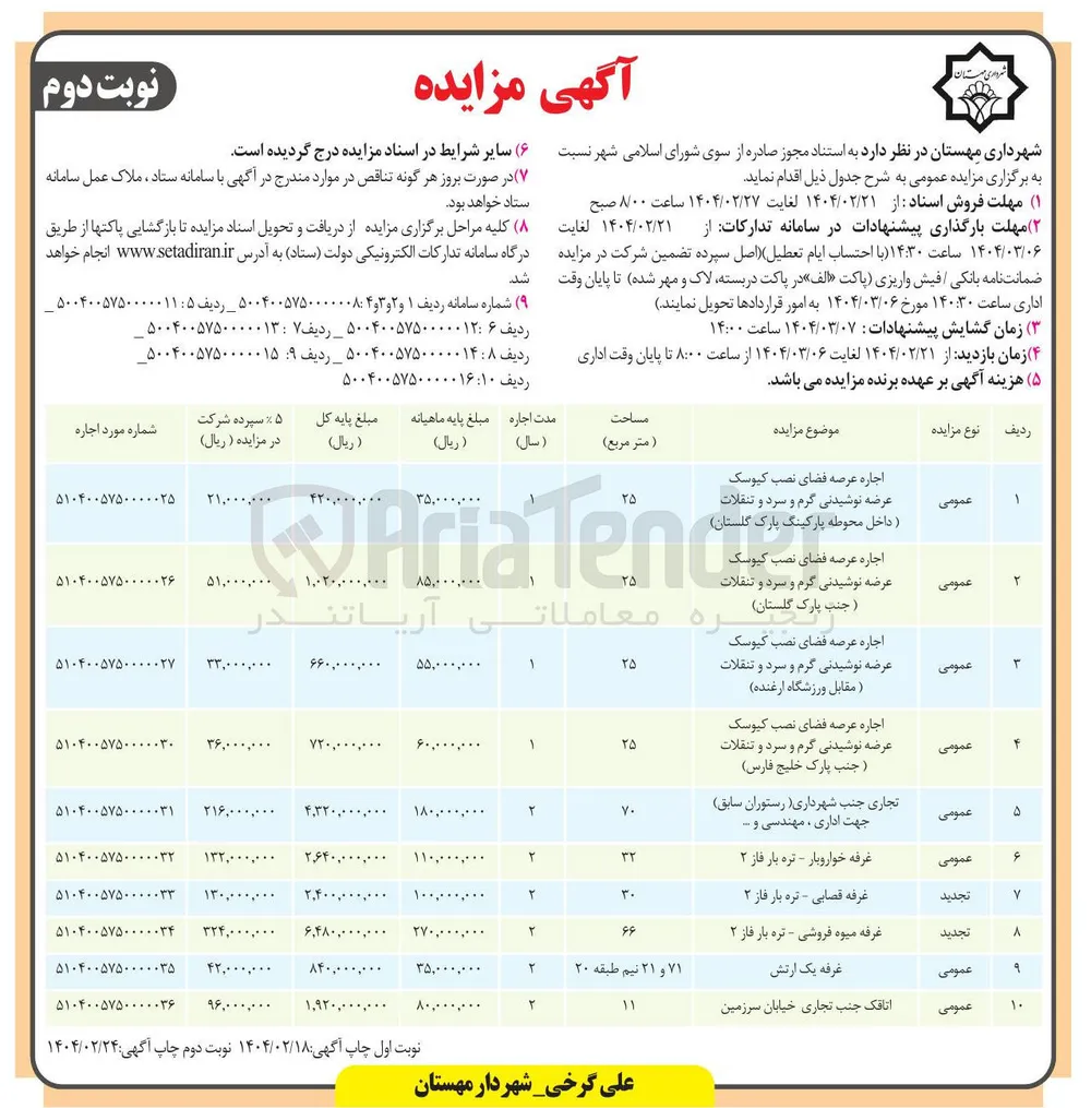اجاره عرصه فضای نصب کیوسک عرضه نوشیدنی گرم و سرد و تنقلات
