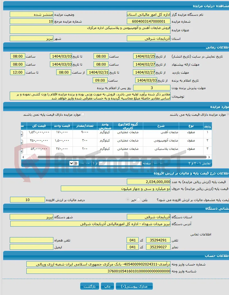 فروش ضایعات آهنی و آلومینیومی و پلاستیکی اداره مرکزی