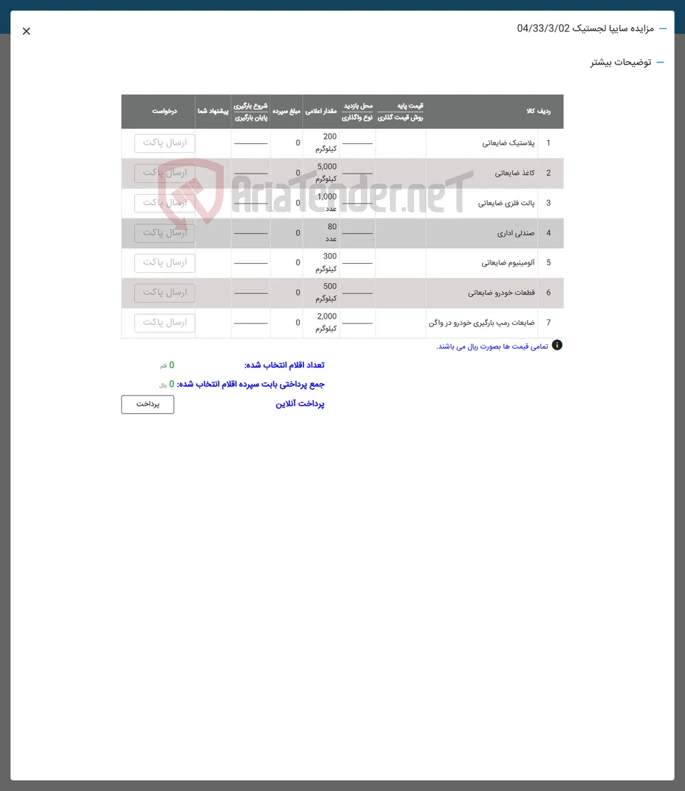 فروش پلاستیک ضایعاتی - کاغذ ضایعاتی - یالت فلزی ضایعاتی - صندلی اداری - آلومینیوم ضایعاتی - قطعات خودرو ضایعاتی - ضایعات رسپ بارگیری خودرو در واگن