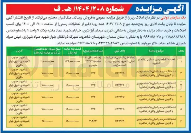 فروش املاک در 6 ردیف با کاربری مسکونی