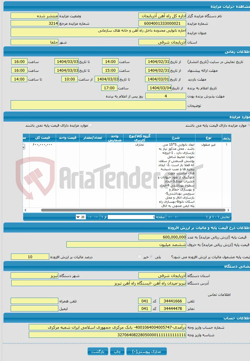 اجاره نانوایی محدوده داخل راه آهن و خانه های سازمانی 