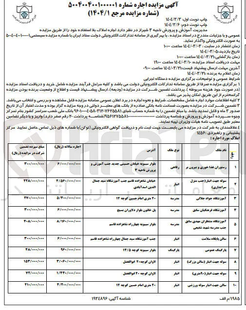 اجاره املاک بلاستفاده در 10 ردیف : رستوران غذا خوری و بیرون بر - سوله جهت انبار ( جنب منزل سرایداری ) - آموزشگاه جواد جلالی - آموزشگاه فرهنگیان سابق - سالن پایگاه سلامت - آموزشگاه منتظران مهدی سابق - پارکینگ عمومی - سوله جهت انبار سالن بزرگ - سوله جهت انبار ( ۲۰ متری ) - سالن جهت انبار سوله ورزشی