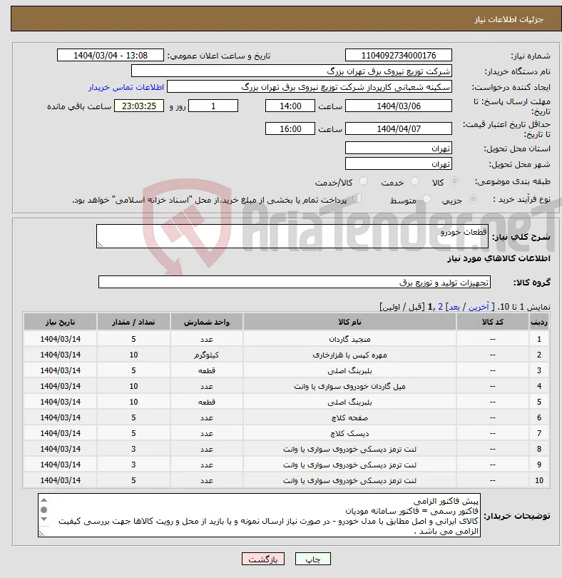 نیاز انتخاب تامین کننده-قطعات خودرو