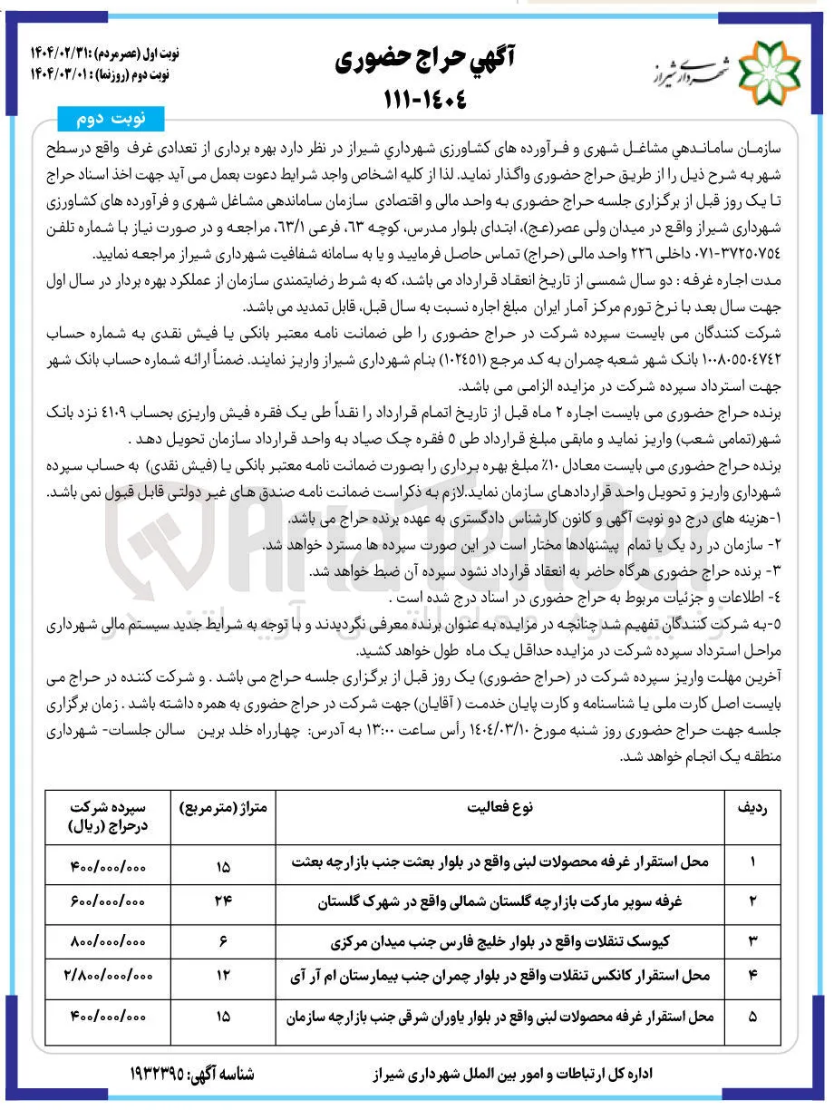 بهره برداری و اجاره غرفه های محل استقرار غرفه محصولات لبنی - غرفه سوپر مارکت - کیوسک تنقلات - محل استقرار کانکس تنقلات - غرفه محصولات لبنی 