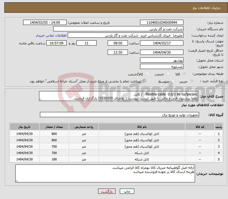 نیاز انتخاب تامین کننده-flexible cable 0.6/1 kv cu/lpe/pvc / کابل لطفا پیشنهاد فنی و مالی را طبق لیست پیوست ( تقاضای 0330205) بارگذاری فرمایید.