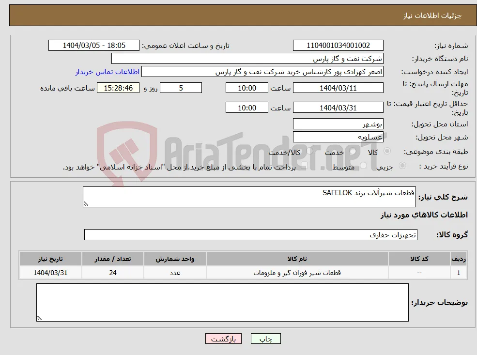 نیاز انتخاب تامین کننده-قطعات شیرآلات برند SAFELOK