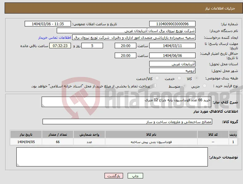 نیاز انتخاب تامین کننده-خرید 66 عدد فونداسیون پایه چراغ 12 متری 