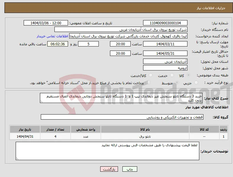 نیاز انتخاب تامین کننده-خرید 3 دستگاه تابلو سنجش غیر دیماندی تیپ 1 و 1 دستگاه تابلو سنجش دوتایی دیماندی اتصال مستقیم بدون کلید