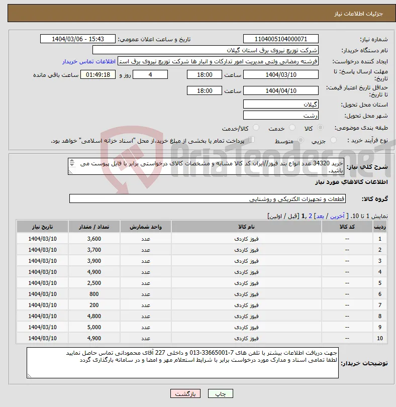نیاز انتخاب تامین کننده-خرید 34320 عدد انواع بند فیوز//ایران کد کالا مشابه و مشخصات کالای درخواستی برابر با فایل پیوست می باشد. 