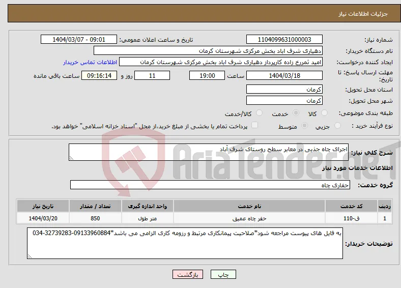 نیاز انتخاب تامین کننده-اجرای چاه جذبی در معابر سطح روستای شرف آباد
