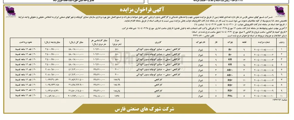 فروش قطعه 8 بلوک R2 کاربری کارگاهی - صنفی
