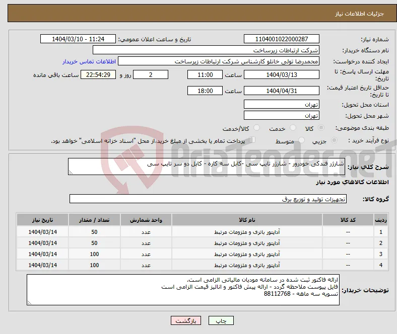 نیاز انتخاب تامین کننده-شارژر فندکی خودرور - شارژر تایپ سی -کابل سه کاره - کابل دو سر تایپ سی