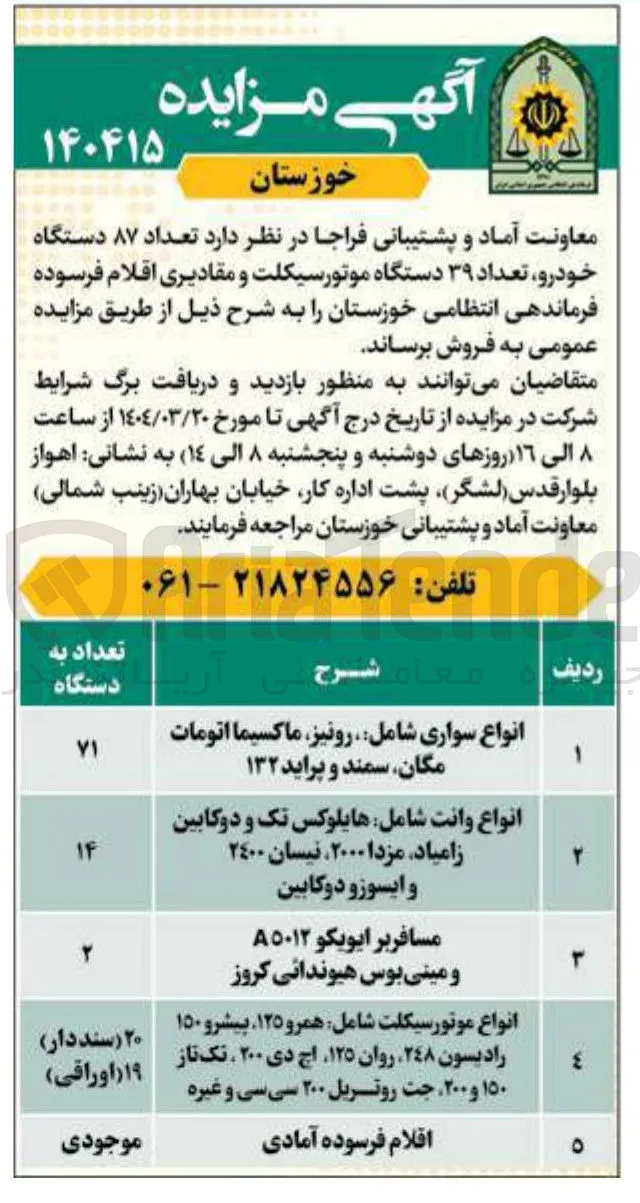 فروش تعداد ۸۷ دستگاه خودرو ، تعداد ۳۹ دستگاه موتورسیکلت و مقادیری اقلام فرسوده