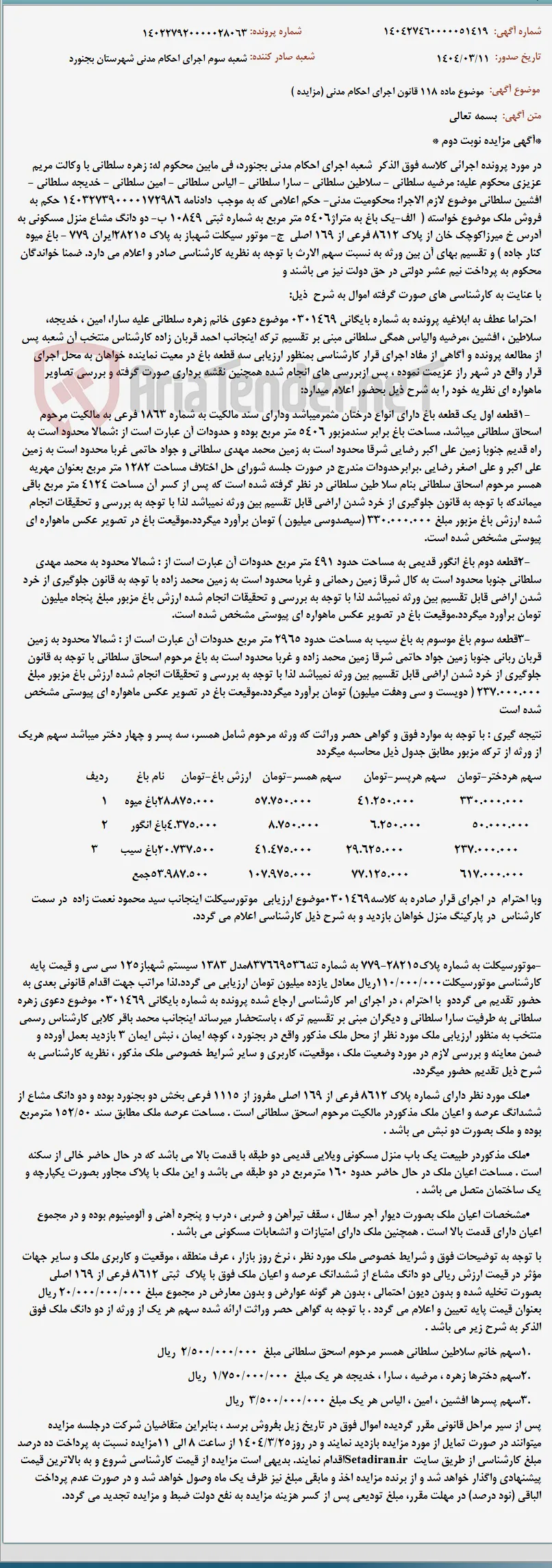 موضوع ماده 118 قانون اجرای احکام مدنی (مزایده )