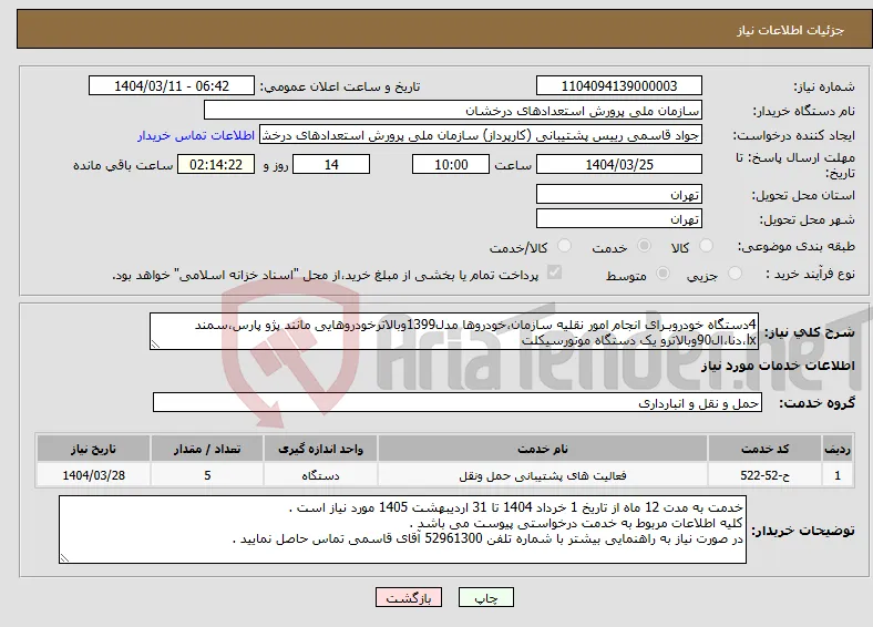 نیاز انتخاب تامین کننده-4دستگاه خودروبـرای انجام امور نقلیه سازمان،خودروها مدل1399وبالاترخودروهایی مانند پژو پارس،سمند lx،دنا،ال90وبالاترو یک دستگاه موتورسیکلت
