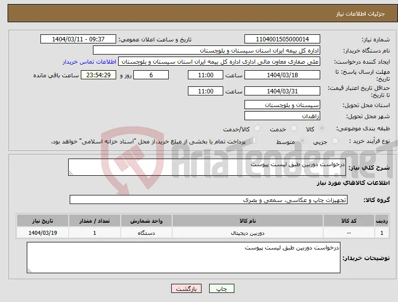 نیاز انتخاب تامین کننده-درخواست دوربین طبق لیست پیوست 