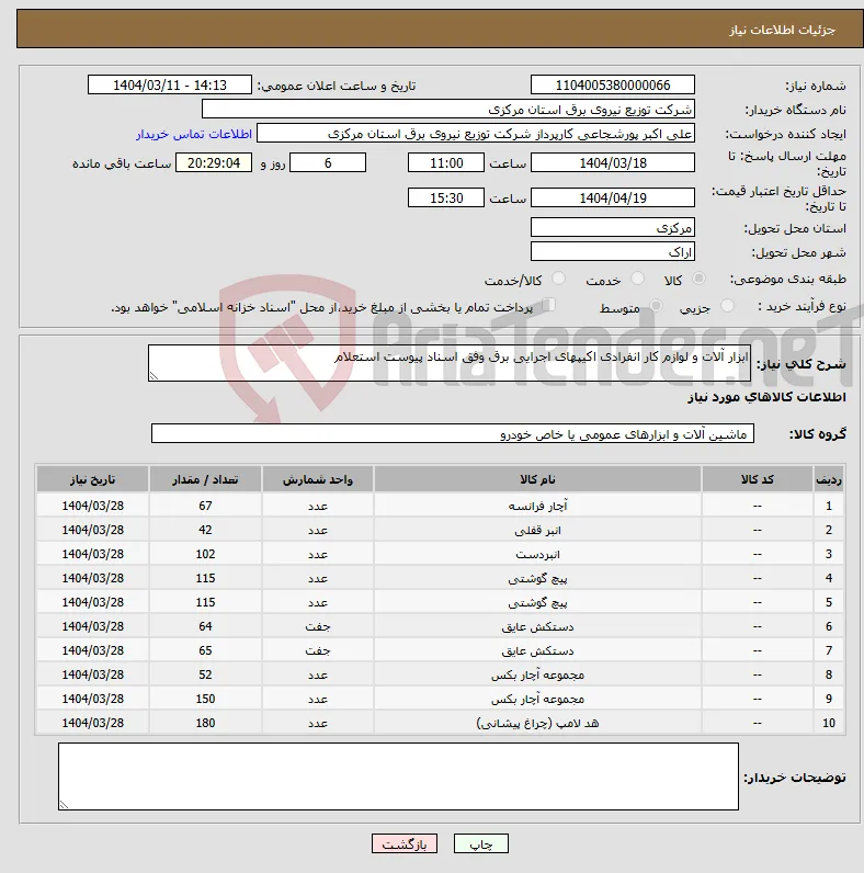 نیاز انتخاب تامین کننده-ابزار آلات و لوازم کار انفرادی اکیپهای اجرایی برق وفق اسناد پیوست استعلام 